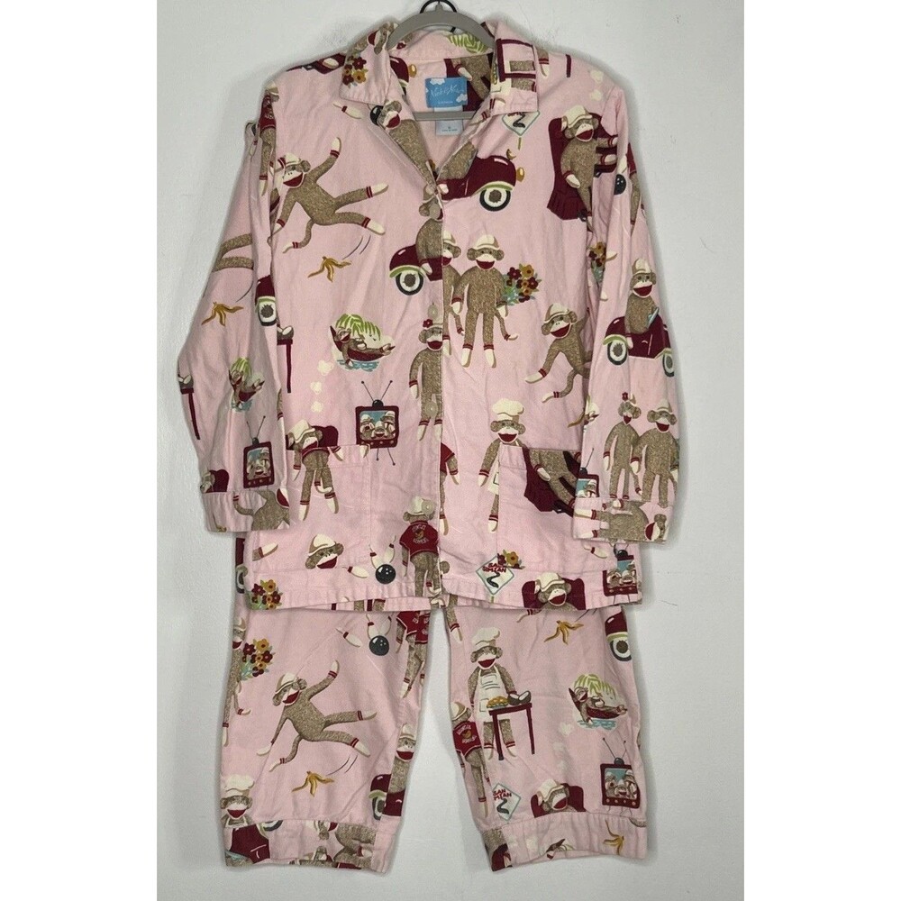 Nick & Nora Pajama Set Womens Medium Sock Monkey Sleepwear Pajamas Top Pants